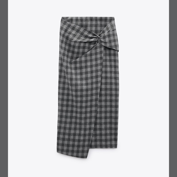 ZARA GRAY PLAID SKIRT FAUX WRAP WITH KNOT XS - Picture 6 of 14